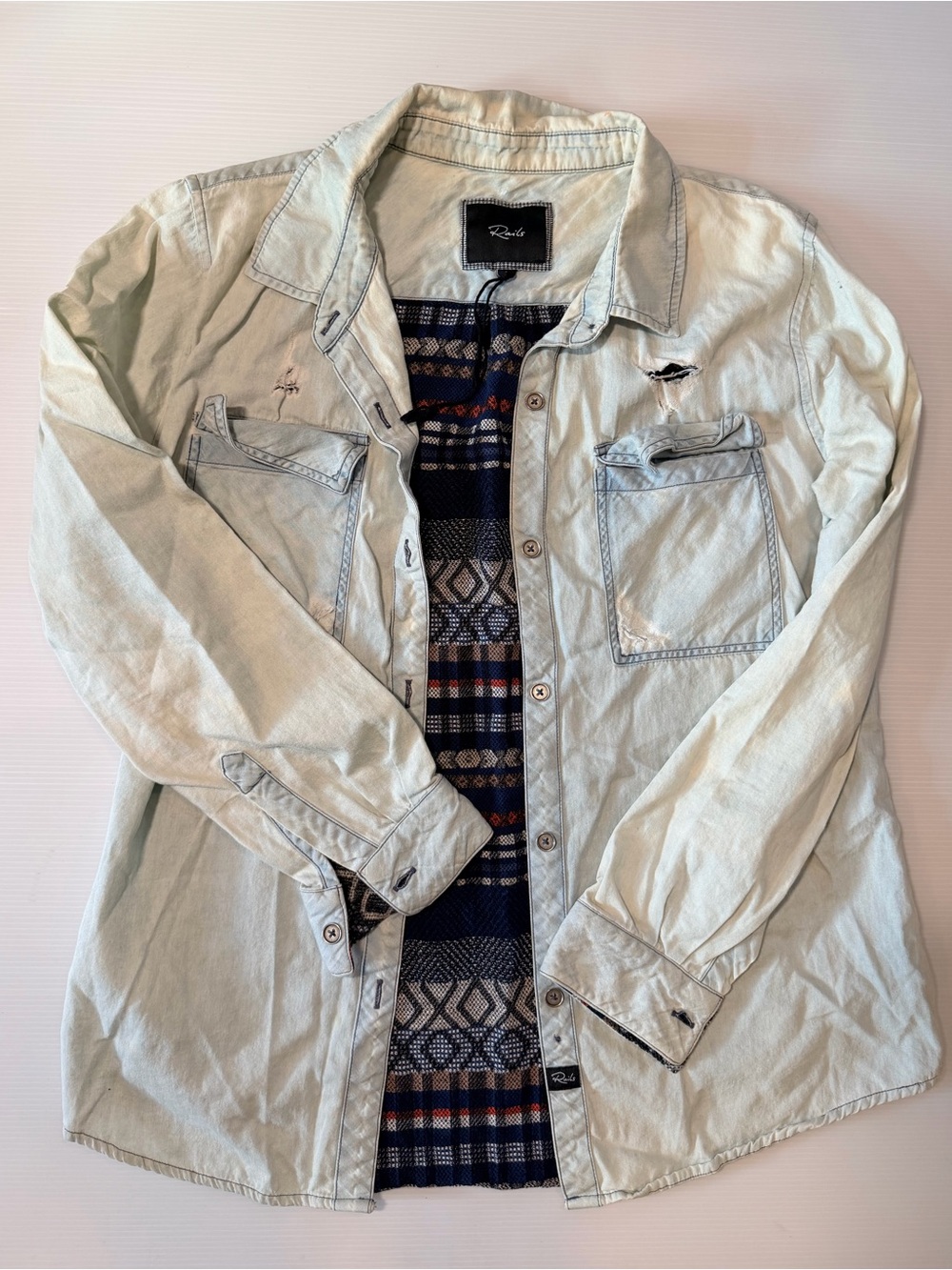 Rails Mixed Media Distressed Denim Back Knit Stripe Button Down Shirt Size Small
